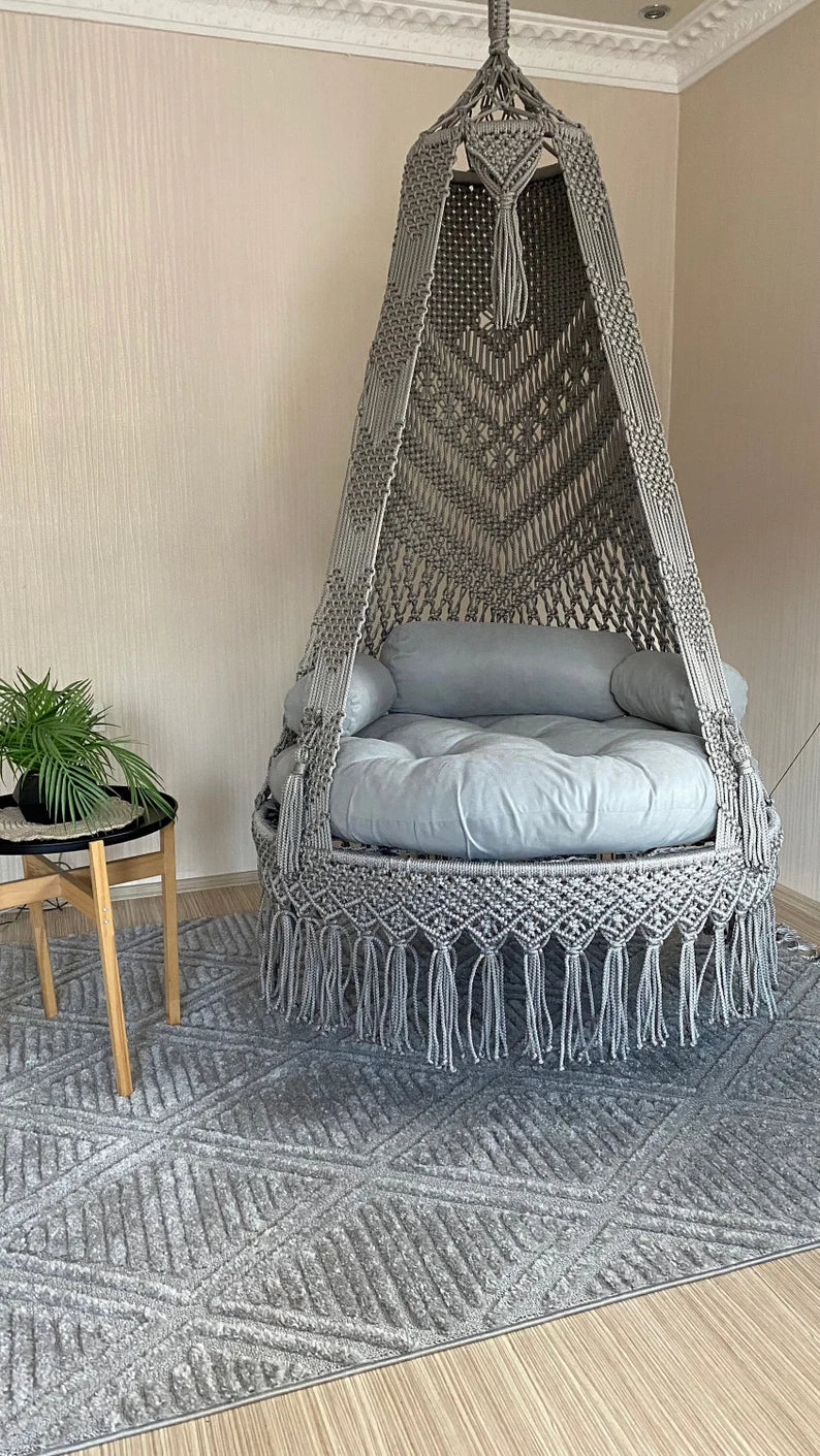 Macrame Swing With Cushions in Grey 35 inches - Leechoo